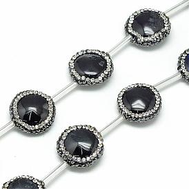 Perles de strass en onyx noir naturel, teint, plat rond