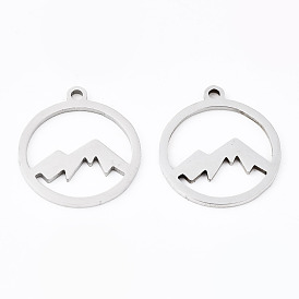 201 Stainless Steel Pendants, Laser Cut, Ring with Mountain