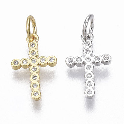 Brass Micro Pave Cubic Zirconia Tiny Cross Charms, with Jump Ring, Nickel Free, Clear