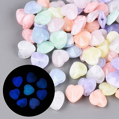 Luminous Two Tone Color Transparent Acrylic Beads, Heart, Glow in the Dark, with Glitter Powder
