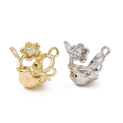 Brass Micro Pave Clear Cubic Zirconia Charms, Flower Basket with Bowknot Charms