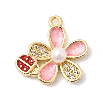 Подвески из латуни с микро-паве ко Дню святого Валентина, прозрачные циркониевые подвески, с эмалью и абс пластика имитация жемчуга, , без кадмия и без свинца, долговечный, стойки покрытие