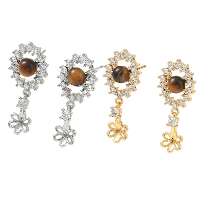 Фурнитура для серег из латуни с кубическим цирконием, овальные, с 925 булавкой из стерлингового серебра и натуральным тигровым глазом, за половину пробурено бисера