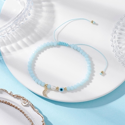 Браслеты из бразильского кубического циркония, Браслеты из плетеных бусин из непрозрачных однотонных стеклянных круглых бусин для женщин, луна и дурной глаз, с лэмпворком и натуральным культивированным пресноводным жемчугом