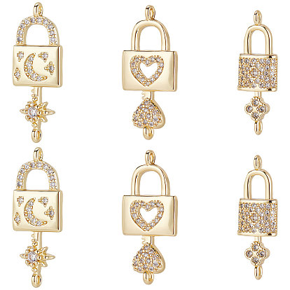 6шт 3 стили латунь микро паве прозрачный кубический цирконий подвески-соединители, долговечный, замок с ключом, луной и звездой