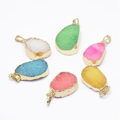 Electroplated Natural Druzy Agate Pendants, Golden, Drop