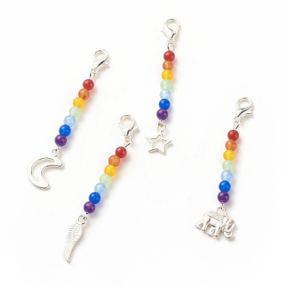 Décorations de pendentif perlé de jade de malaisie naturel et teint sur le thème du chakra, avec fermoir pince de homard, Pendentifs en alliage, formes mixtes