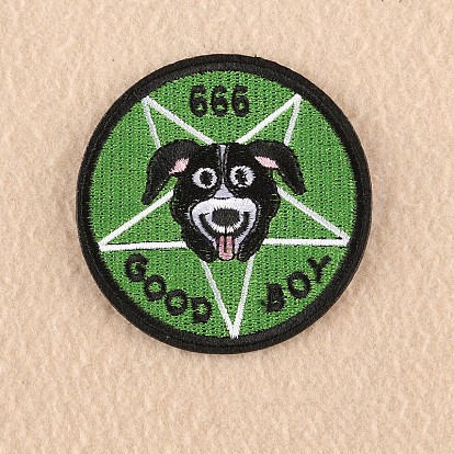 Computerized Embroidery Cloth Iron on/Sew on Puppy Patches, Costume Accessories, Appliques, Flat Round with Dog Head, Word Good Boy