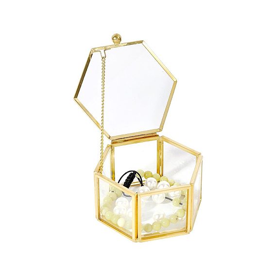 Glass Jewelry Presentation Boxes with Golden Tone Metal Frame, for Necklaces Storage, Hexagon