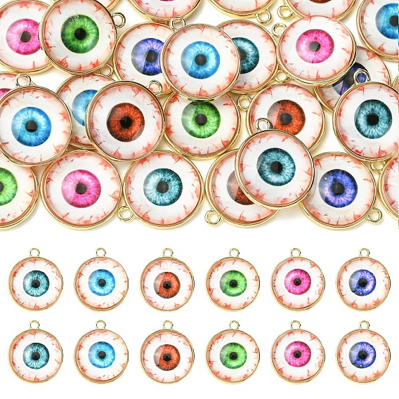 24шт. 6 цвета, стеклянные подвески на тему Хэллоуина, с позолоченной сплавочной фурнитурой, плоские круглые с сглаза