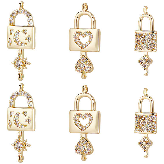 6шт 3 стили латунь микро паве прозрачный кубический цирконий подвески-соединители, долговечный, замок с ключом, луной и звездой