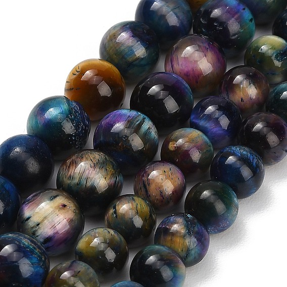 Chapelets de perles oeil de tigre naturelles, Grade b, teints et chauffée, lisse et rond