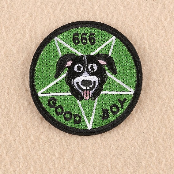 Computerized Embroidery Cloth Iron on/Sew on Puppy Patches, Costume Accessories, Appliques, Flat Round with Dog Head, Word Good Boy