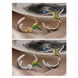 Colorful 3D Enamel Hummingbird Stud Earrings, Brass Half Hoop Earrings for Women