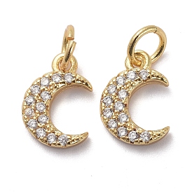 Brass Micro Pave Clear Cubic Zirconia Charms, with Jump Rings, Moon