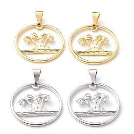 Brass Pendants, Long-Lasting Plated, Flat Round with Palm Tree