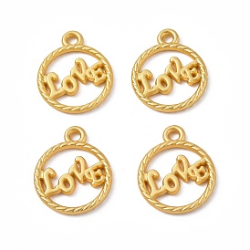 Rack Plating Alloy Pendants, Cadmium Free & Lead Free & Nickle Free, Flat Round with Word LOVE Charms