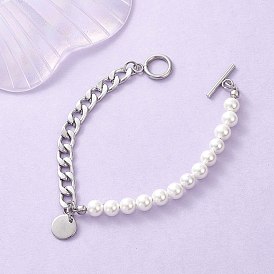 Плоские круглые 304 из нержавеющей стали браслеты шарма, 304 браслеты из кубинских цепочек из нержавеющей стали с бусинами из ракушек и жемчуга для женщин