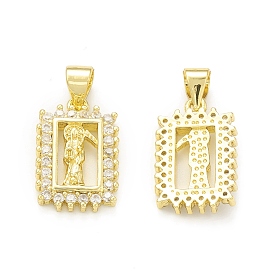 Rack Plating Brass Micro Pave Clear Cubic Zirconia Pendants, Cadmium Free & Lead Free, Long-Lasting Plated, Rectangle with Saint Charm
