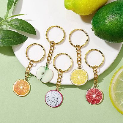 Fruit Alloy Enamel Pendants Keychains, with Iron Split Key Rings, Pitaya Slice/Orange Slice/Grapefruit Slice