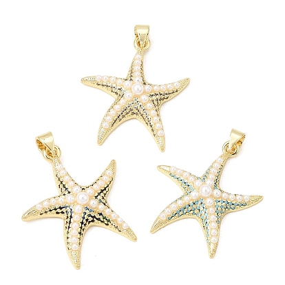 Micro cuivres ouvrent pendentifs zircone cubique, avec abs en plastique imitation perle, charmes d'étoiles de mer, crémaillère plaquage, plaqué longue durée, sans cadmium et sans plomb, réel 18 k plaqué or