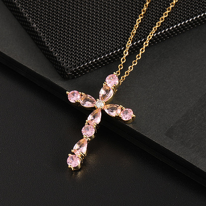 Colorful Zircon Water Drop Geometric Cross Necklace Pendant for European and American Religious Beliefs Clavicle Chain