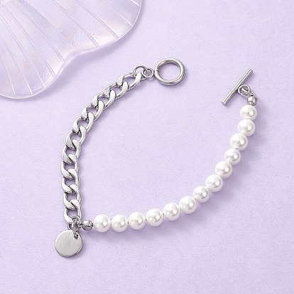 Плоские круглые 304 из нержавеющей стали браслеты шарма, 304 браслеты из кубинских цепочек из нержавеющей стали с бусинами из ракушек и жемчуга для женщин