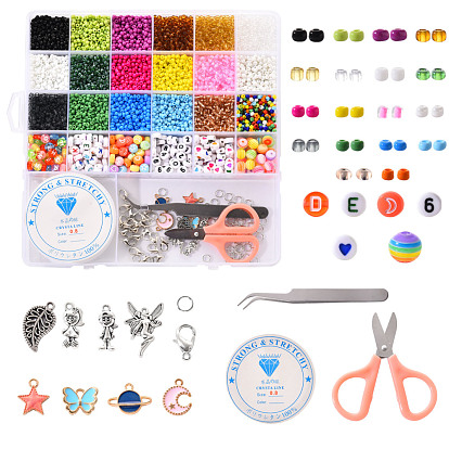 Kits de fabrication de bijoux de bracelet de bricolage, 4680pcs perles de rocaille en verre rondes, 275pcs perles rondes en acrylique et résine, 8 styles pendentifs en alliage, ciseaux et anneau de saut, fermoirs pince de homard, Fil cristal
