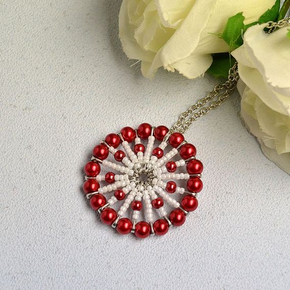 DIY Necklace Kits, Red Pendant Necklace with Pearl Beads and Seed Beads