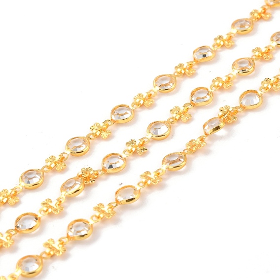 Handmade Brass Link Chains, with Glass, Long-Lasting Plated, Unwelded, with Spool, Flat Round & Double Heart, Golden