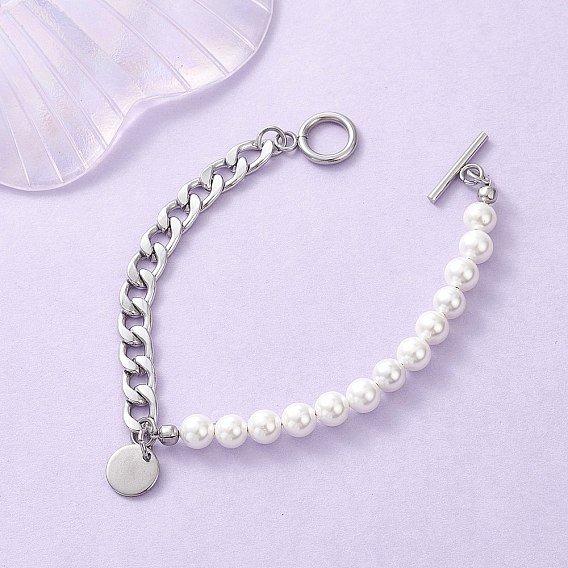 Плоские круглые 304 из нержавеющей стали браслеты шарма, 304 браслеты из кубинских цепочек из нержавеющей стали с бусинами из ракушек и жемчуга для женщин