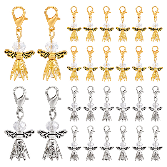 40 шт. 2 цвета: белый стеклянный жемчуг с подвеской в виде ангела из сплава, с карабин-лобстерами 