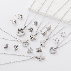 304 Ensemble collier pendentif et boucles d'oreilles en acier inoxydable pour femmes et hommes, couleur inox