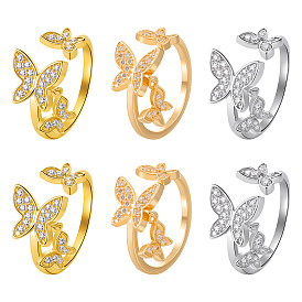 6 шт. 3 цветные латунные кольца-манжеты с микропаве из кубического циркония, бабочка
