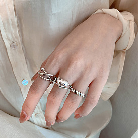 Simple and Elegant Heart Ring Set - Crossed Open Ring, 3 Pieces