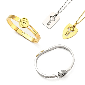 304 Stainless Steel Heart Lock Bangle with Cubic Zirconia, Key Pendant Necklace, Couple Jewelry Set for Valentine's Day