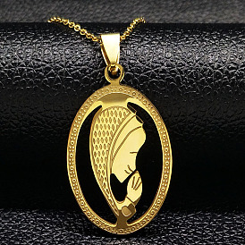 304 Stainless Steel Pendant Necklaces, Oval with Virgin Mary charms