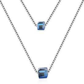 Sparkling Aurora Square Crystal Necklace with Double-layered Cube Pendant