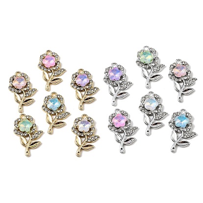 Alloy Rhinestone Pendants, Flower Charms, with Glass, UV Plating, Mixed Color