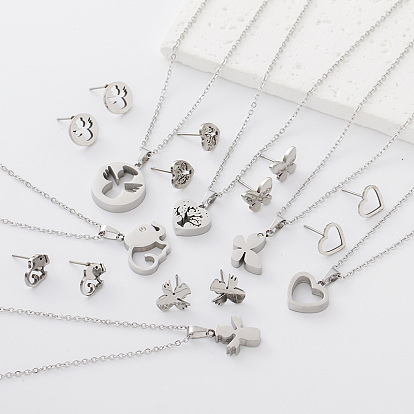 304 Ensemble collier pendentif et boucles d'oreilles en acier inoxydable pour femmes et hommes, couleur inox