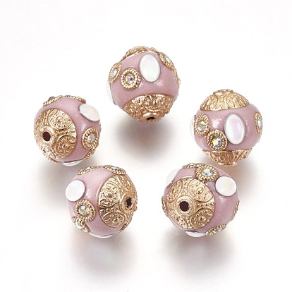Handmade Indonesia Beads, with Rhinestone and Metal Findings, Round