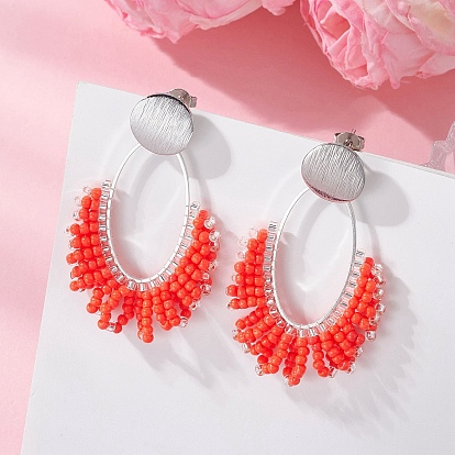 Латунные качают серьги, со стеклянными бисеринами, овальные, платина