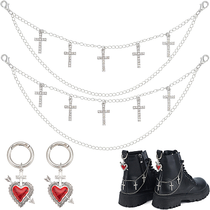 4шт. 2 стили латунные витые цепочки, цепочки для ремешков сапог и подвески в виде сердца из сплава с эмалью для обуви наборы, с подвеской в виде креста из сплава и застежкой-карабином.