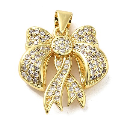 Brass Micro Pave Clear Cubic Zirconia Pendants, Cadmium Free & Lead Free, Bowknot