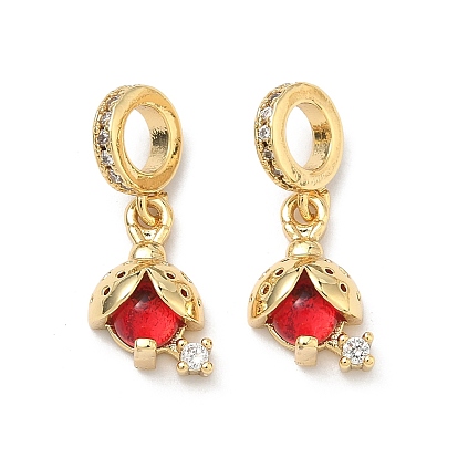 Латунные подвески-шармы в виде божьей коровки с прозрачными и красными кубическими циркониями., подвески с большими отверстиями в виде божьей коровки, стойки покрытие, долговечный, без свинца и без кадмия