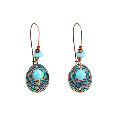 Synthetic Turquoise Hoop Earrings, Alloy Kidney Ear Wire Earrings, Bohemia Style Long Drop Earrings for Women