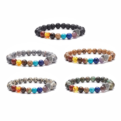 Mixed Gemstone Stretch Bracelet with Alloy Heart Beads, 7 Chakra Jewelry for Women