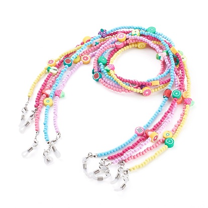 Chaînes de lunettes, tour de cou pour lunettes, avec des perles rondes acryliques, perles de fruits en pâte polymère et extrémité de boucle en caoutchouc