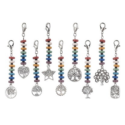 Natural Lava Rock Pendant Decorations, with Tibetan Style Alloy Pendants and Glass Seed Beads, Mixed Shapes