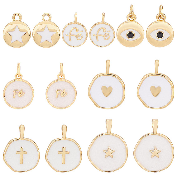 14 шт 7 стиль латунные эмалевые подвески, долговечный, плоский круглый с крестом и сердцем и звездой